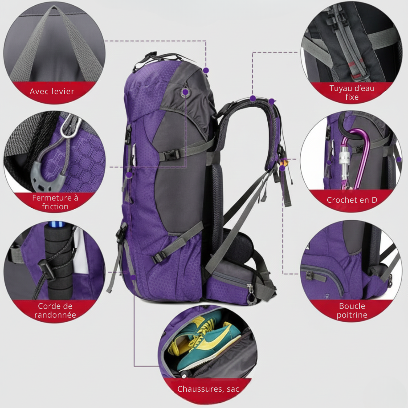 Sac à Dos de Montagne Imperméable 60L | Trekking Randonnée & Montagne